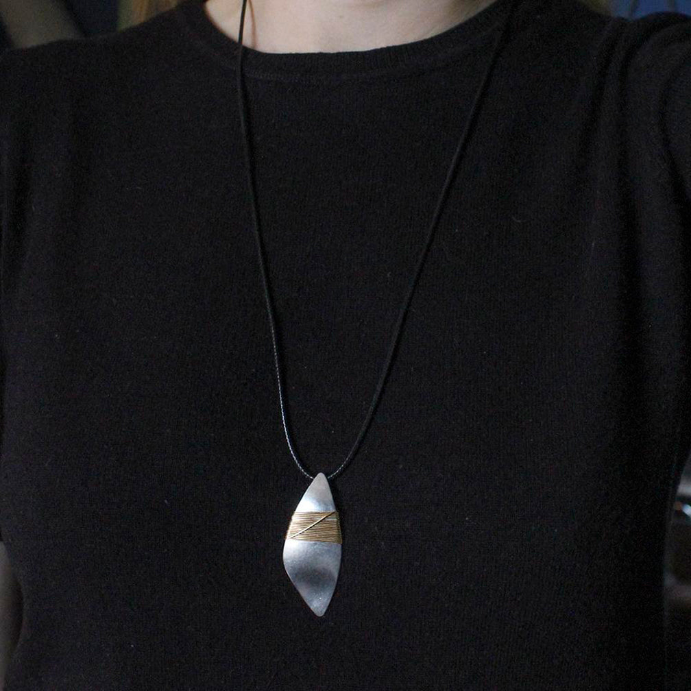 Marjorie Baer Necklace: Hammered Leaf with Crossed Wire Wrapping
