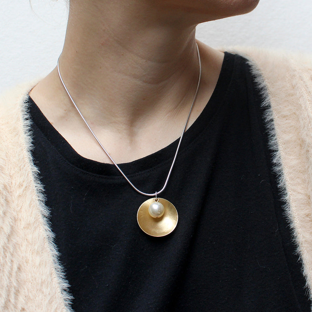 Marjorie Baer Necklace: Concave Disc with Cream Pearl Drop