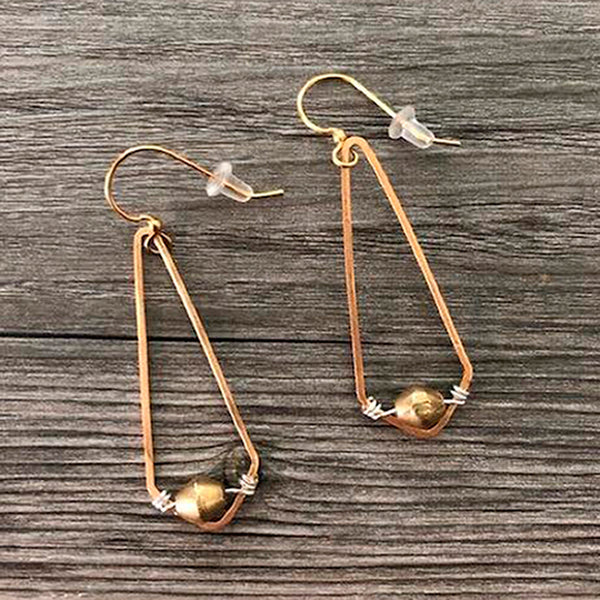 Mary Garrett Jewelry: Earrings: Brass Diamond with Gold Bead