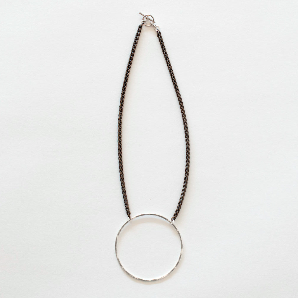 Mary Garrett Jewelry: Necklace: Short Silver Circle on Brass Wheat Chain