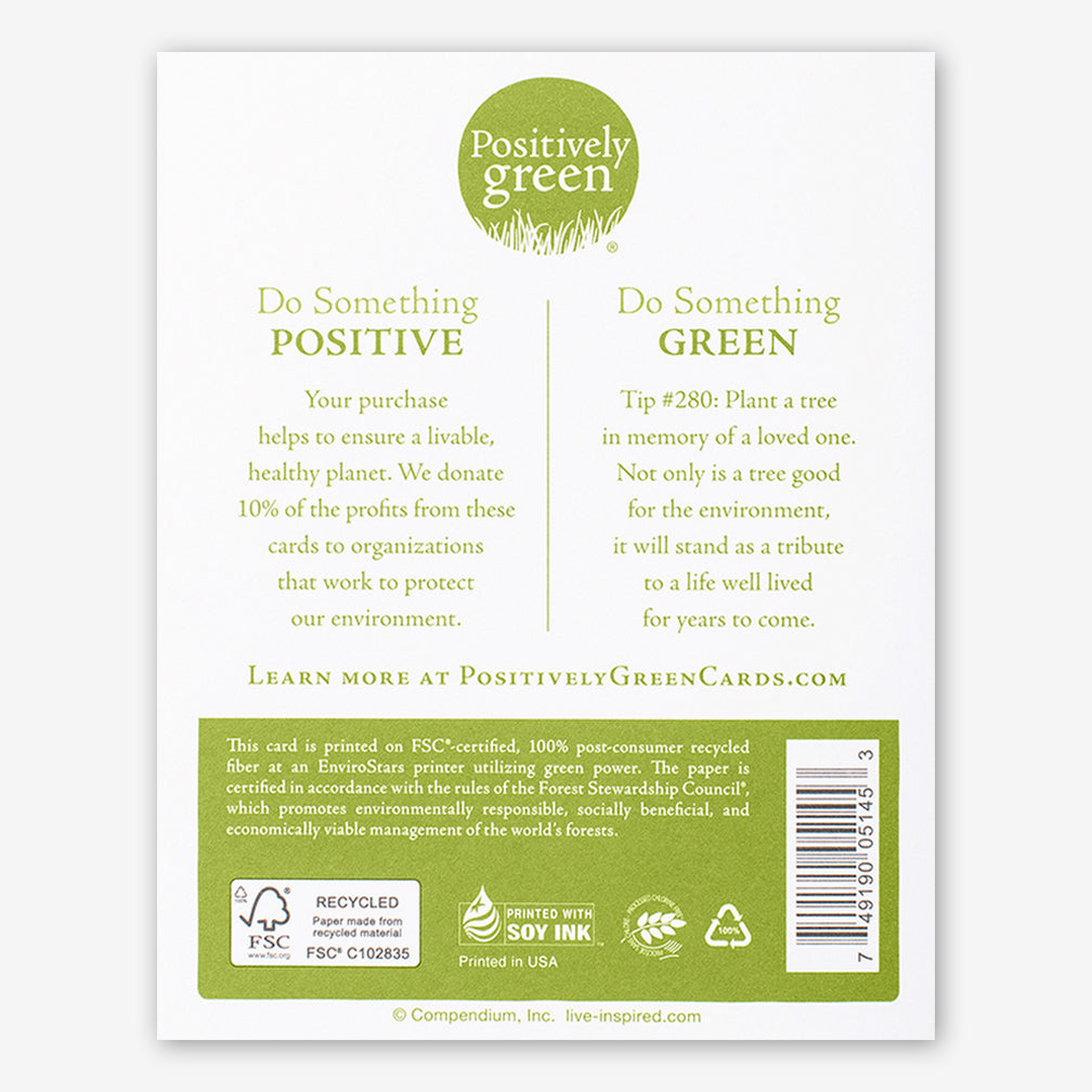 Positively Green Sympathy Card: “There is nothing that can equal the treasure of so many shared memories.” —Antoine de Saint-Exupery