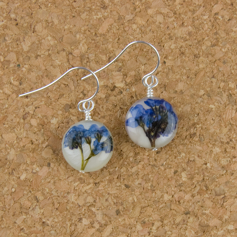 Shari Dixon Earrings: Forget Me Not on Shell, Petite Round