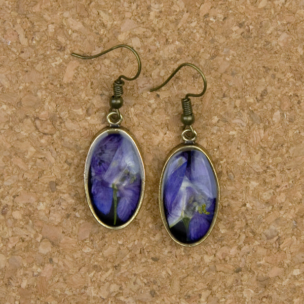Shari Dixon Earrings: Purple Larkspur on Black, Small Oval