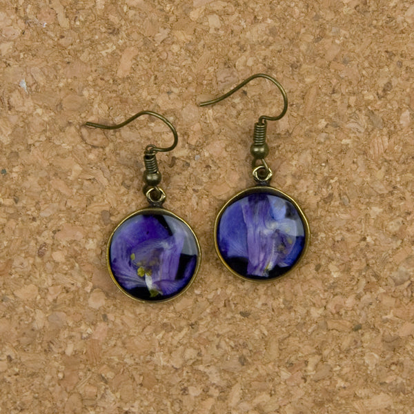 Shari Dixon Earrings: Purple Larkspur on Black, Small Round