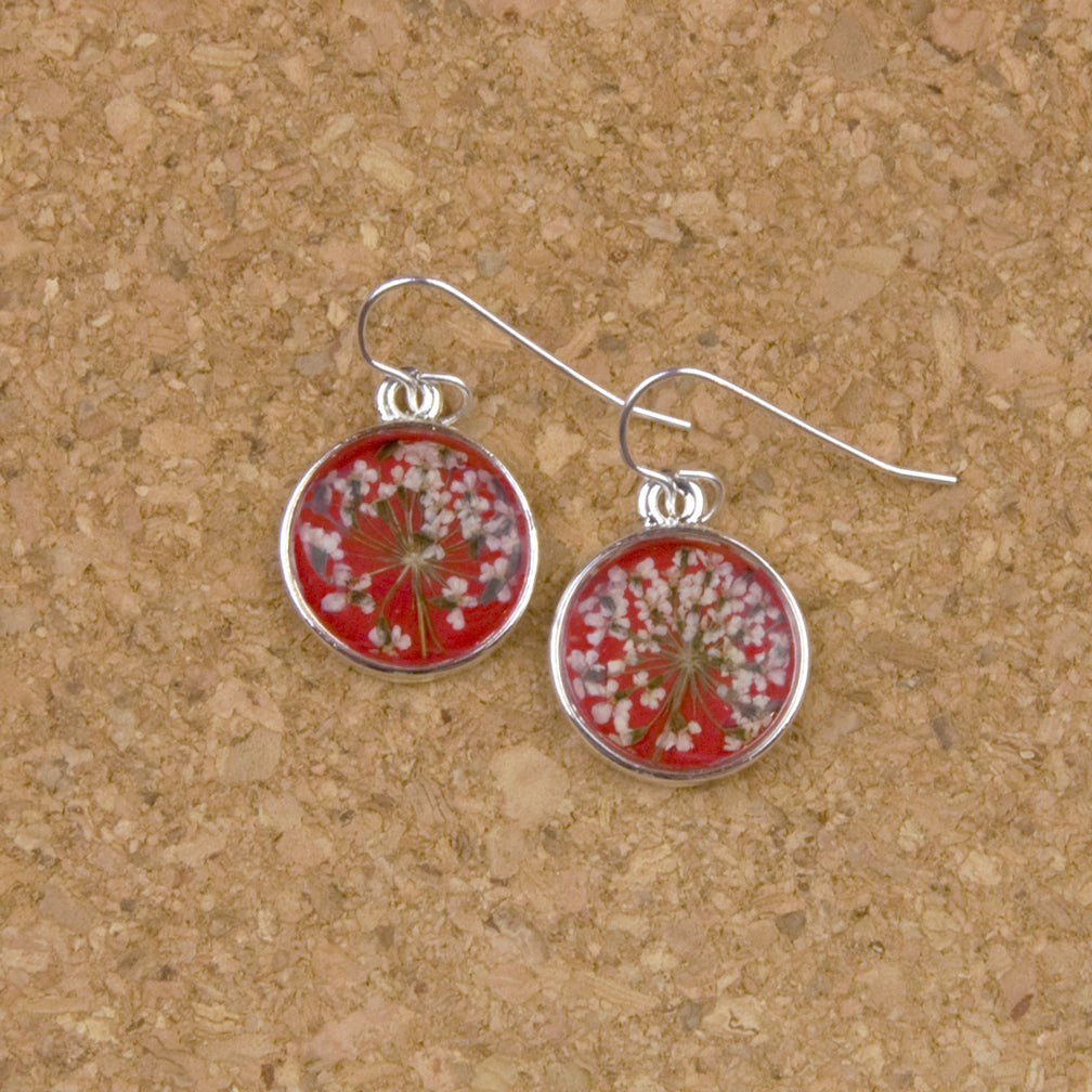Shari Dixon Earrings: Laceflower on Red, Small Round