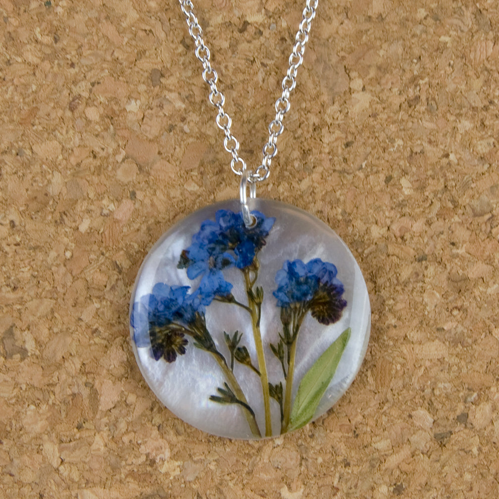 Shari Dixon Necklace: Forget Me Not on Shell, Large Round