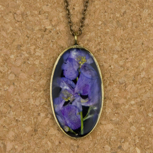Shari Dixon Necklace: Purple Larkspur on Black, Large Oval