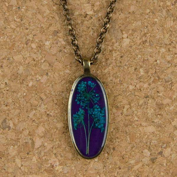 Shari Dixon Necklace: Turqoise Queen Anne’s Lace on Acai, Large Oval