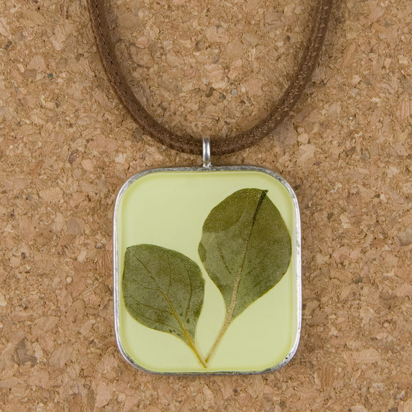 Shari Dixon Necklace: Silver Leaf on Yellow Lime, Large Square on Suede Cord