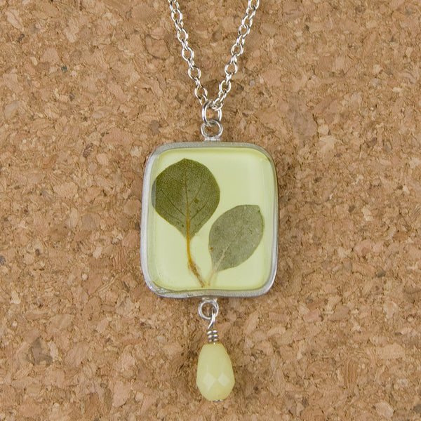 Shari Dixon Necklace: Silver Leaf on Yellow Lime, Medium Square with Drop