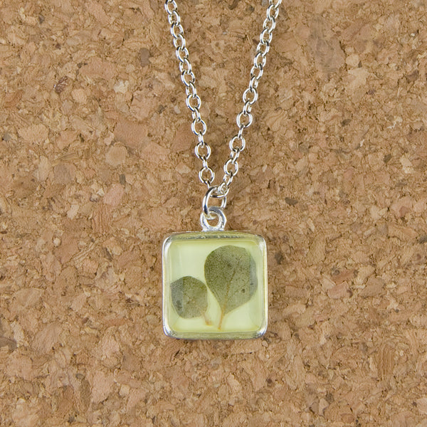 Shari Dixon Necklace: Silver Leaf on Yellow Lime, Small Square