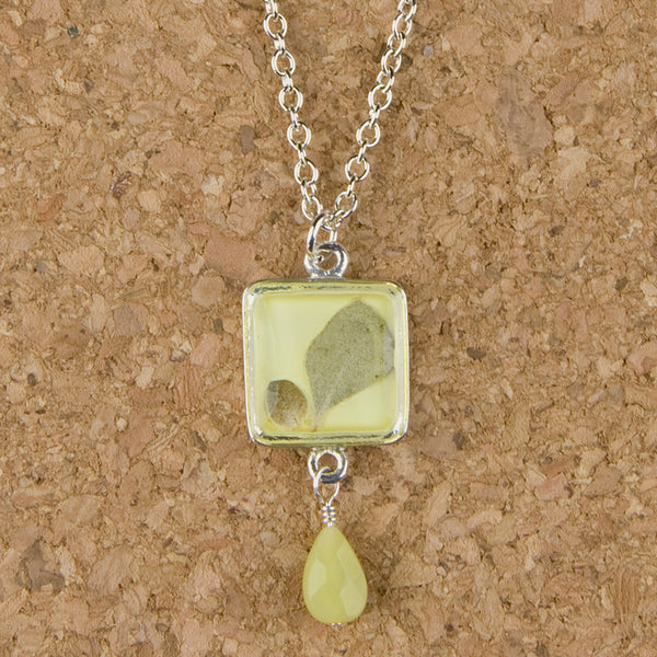 Shari Dixon Necklace: Silver Leaf on Yellow Lime, Small Square with Drop
