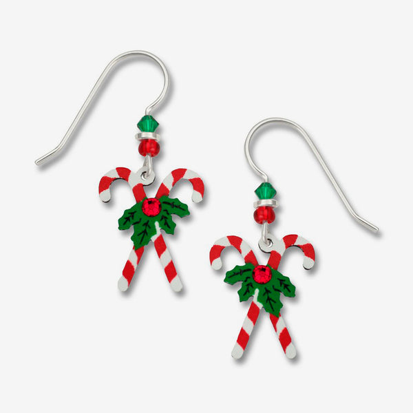 Sienna Sky Earrings: Crossed Candy Canes with Holly