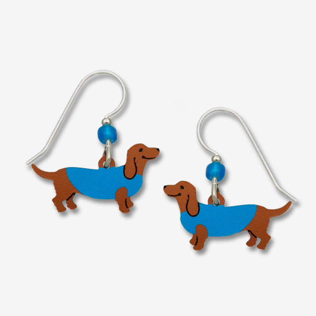 Sienna Sky Earrings: Dachshund In Blue Sweater