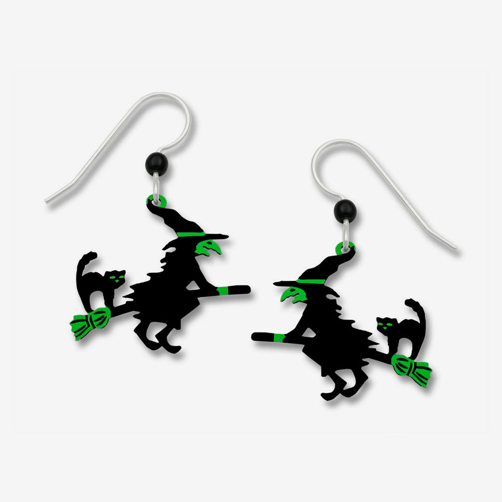 Sienna Sky Earrings: Green & Black Flying Witch with Cat on Broom