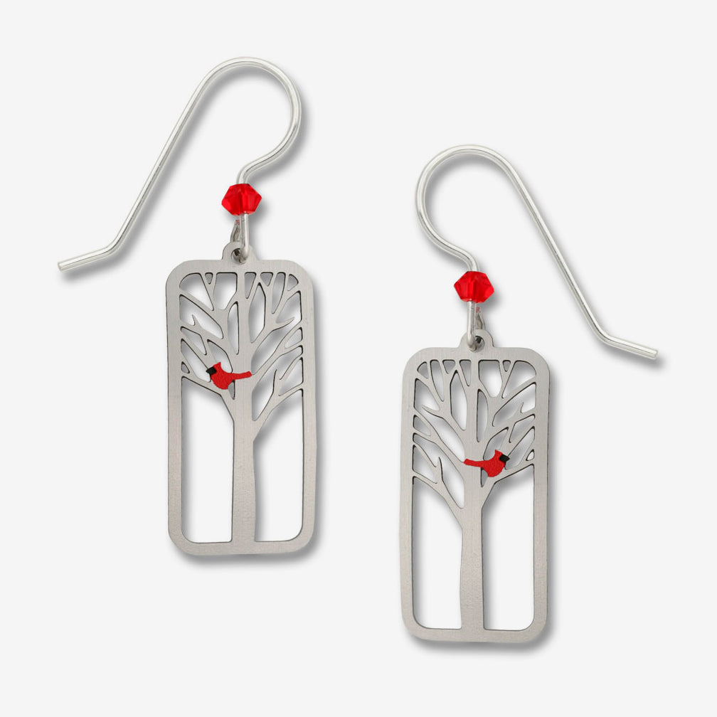 Sienna Sky Earrings: Tree In Rectangle with Cardinal