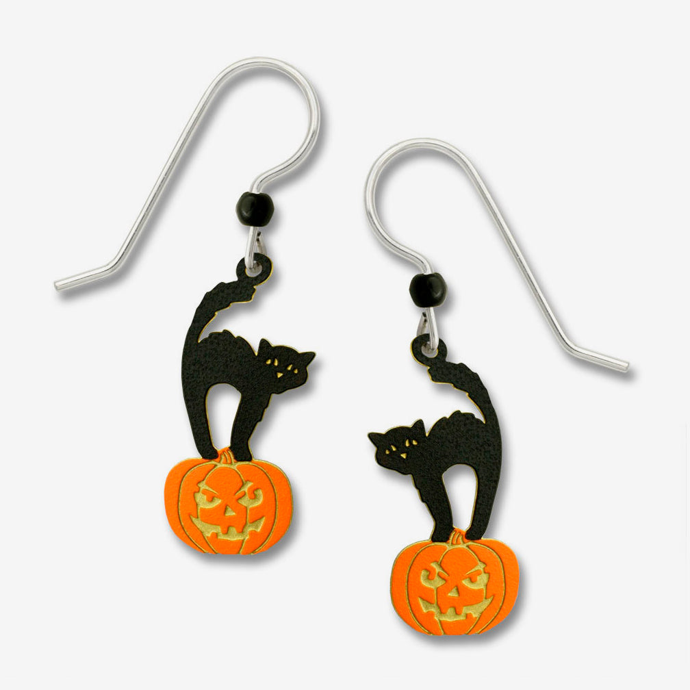 Sienna Sky Earrings: Black Halloween Cat Standing on Pumpkin