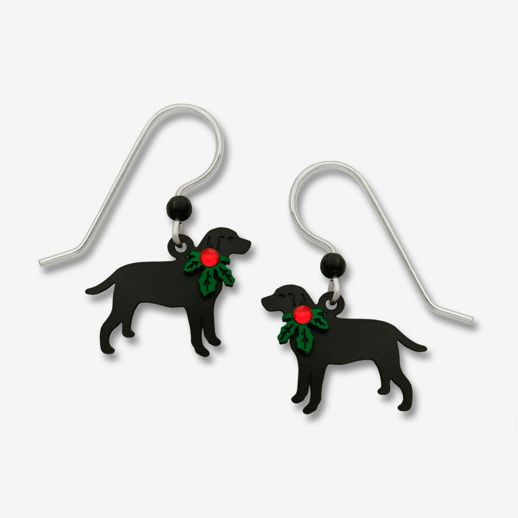 Sienna Sky Earrings: Black Lab with Holly On Neck