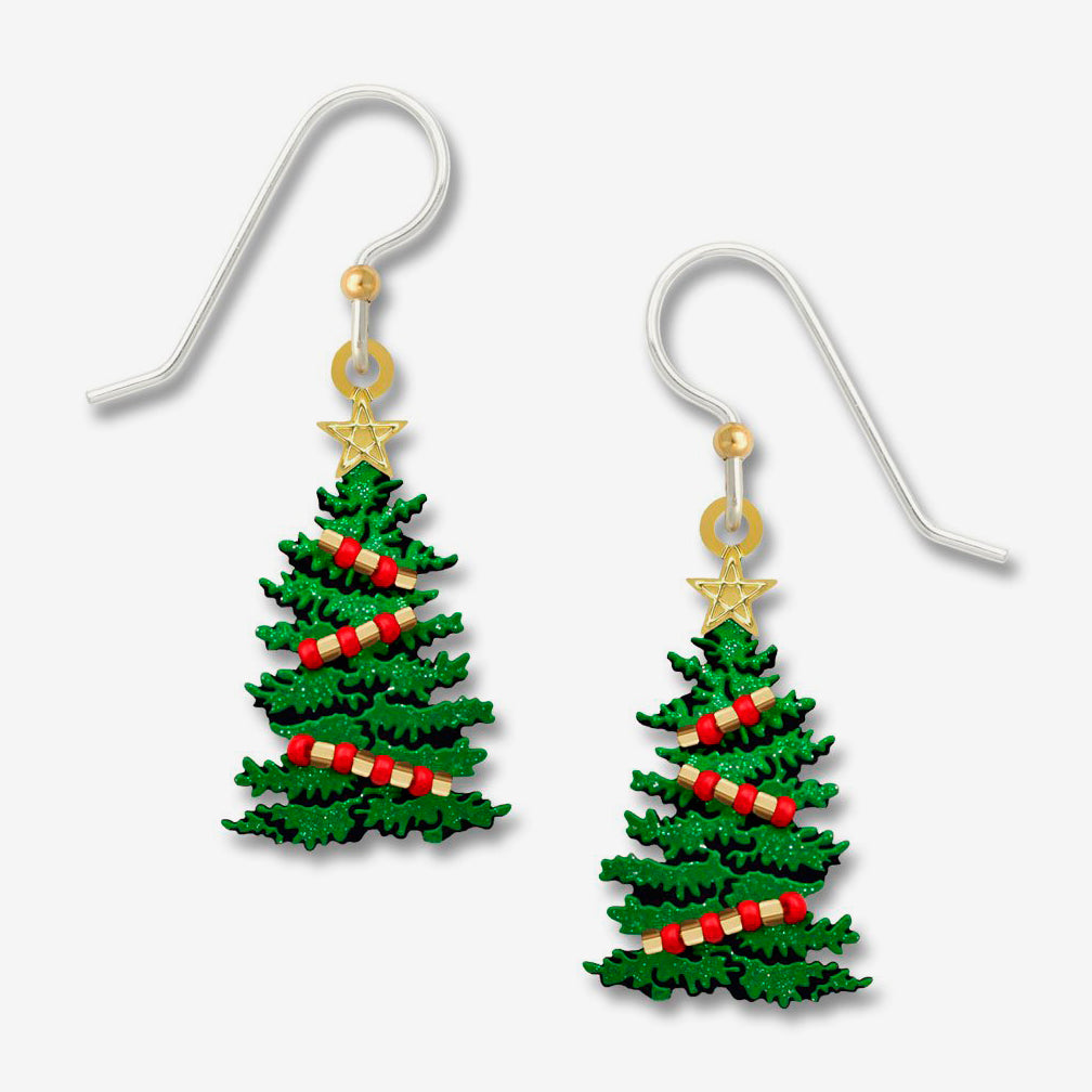Sienna Sky Earrings: Sparkly Green Christmas Tree with Red Beads