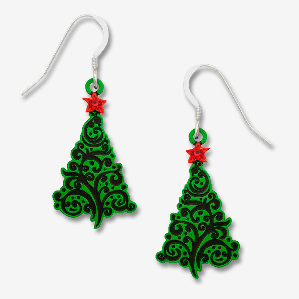 Sienna Sky Earrings: Christmas Tree with Swirl Design & Red Star
