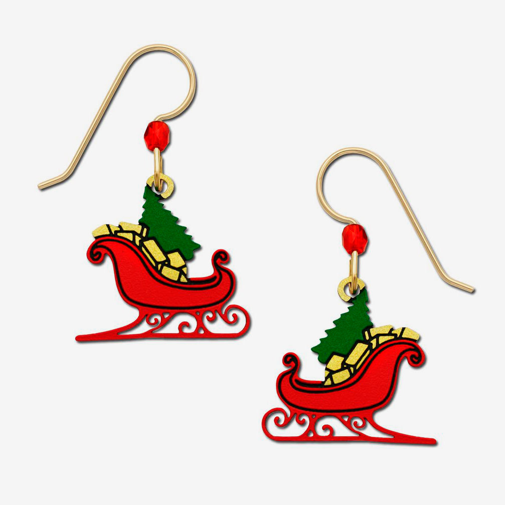 Sienna Sky Earrings: Red Christmas Sleigh with Tree & Gifts