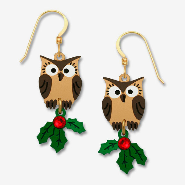 Sienna Sky Earrings: Owl with Christmas Holly