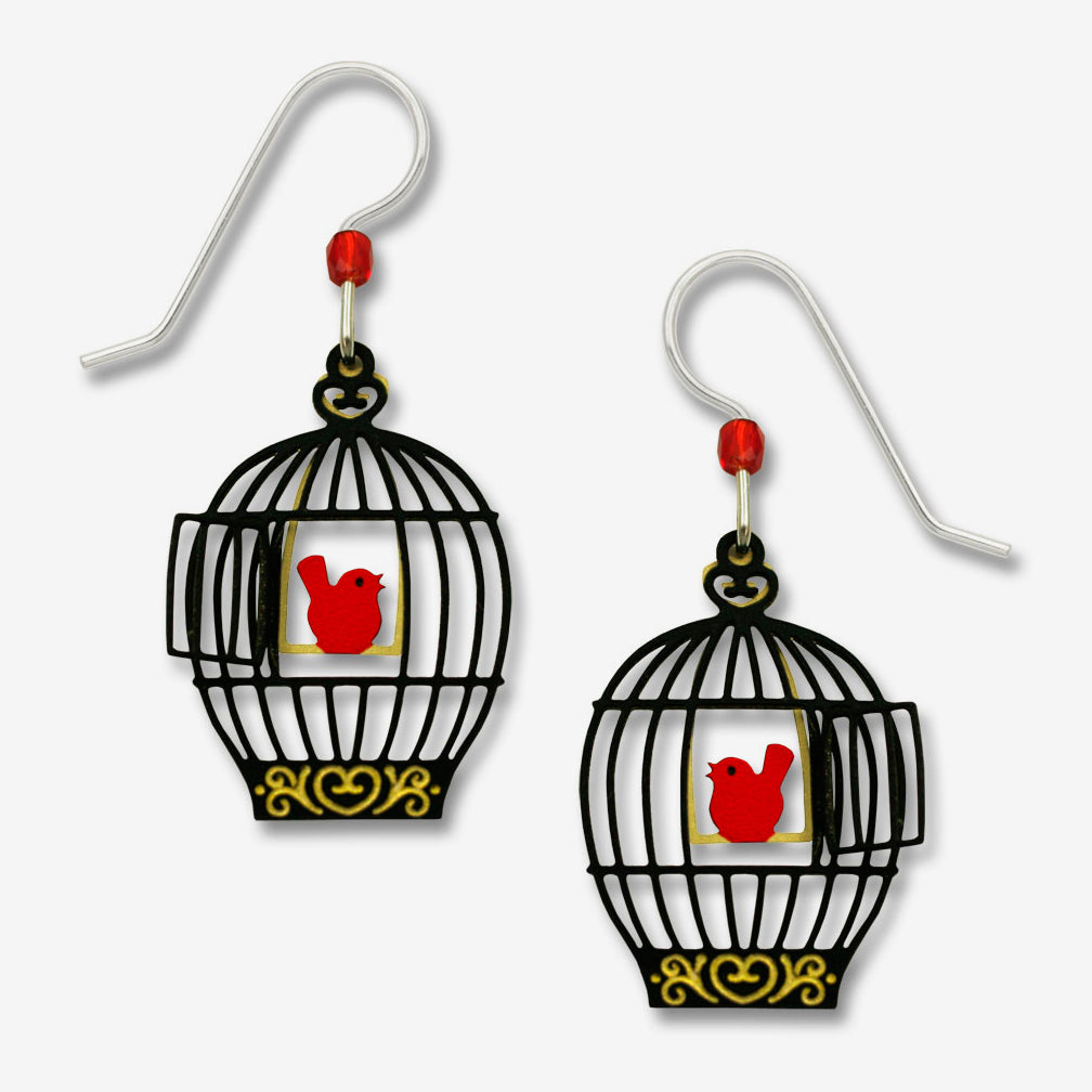Sienna Sky Earrings: Open Bird Cage with Red Bird On Swing