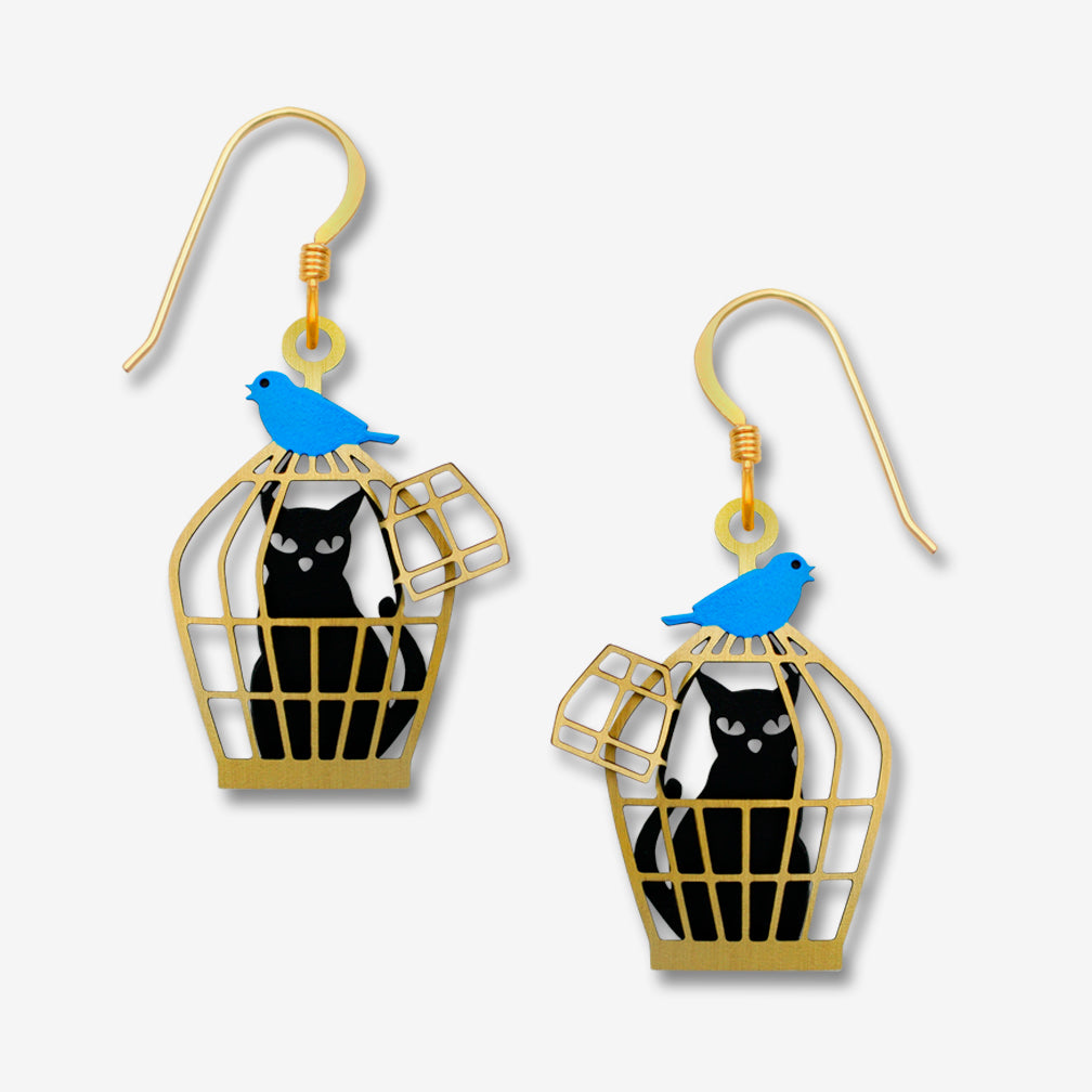 Sienna Sky Earrings: Cat In Cage with Bluebird