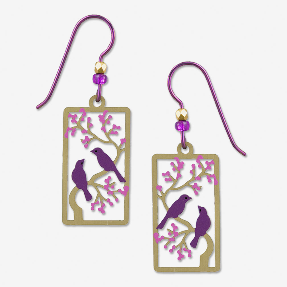Sienna Sky Earrings: Two Purple Birds On a Branch with Purple Leaves