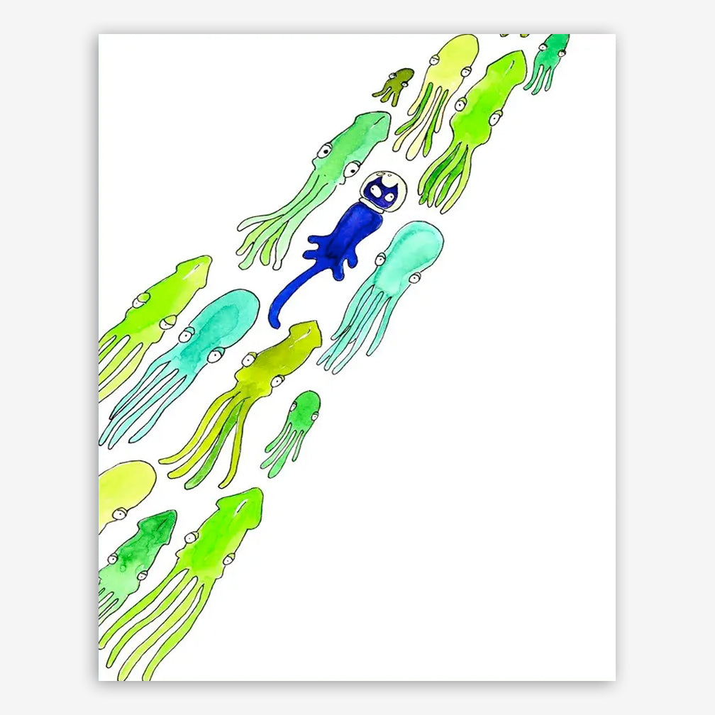 SquidCat, Ink Art Print: Flight of Squid