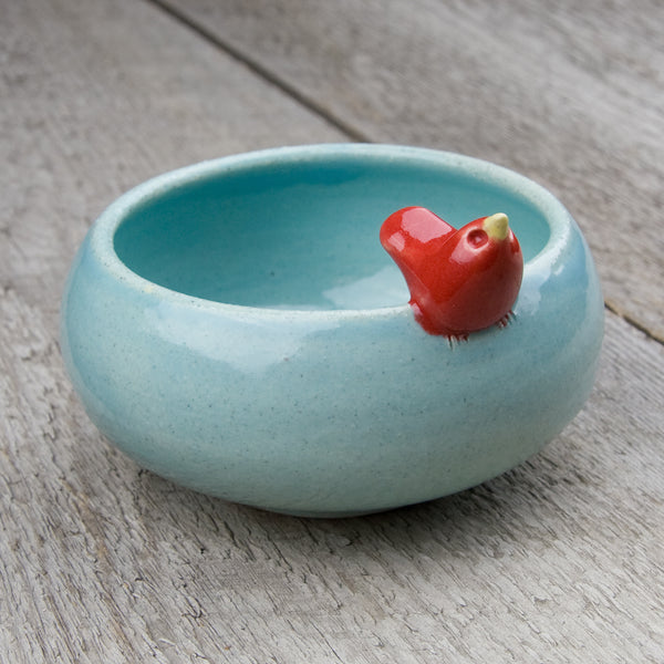 Tasha McKelvey: Small Ceramic Bird Bowl: Aqua/Red