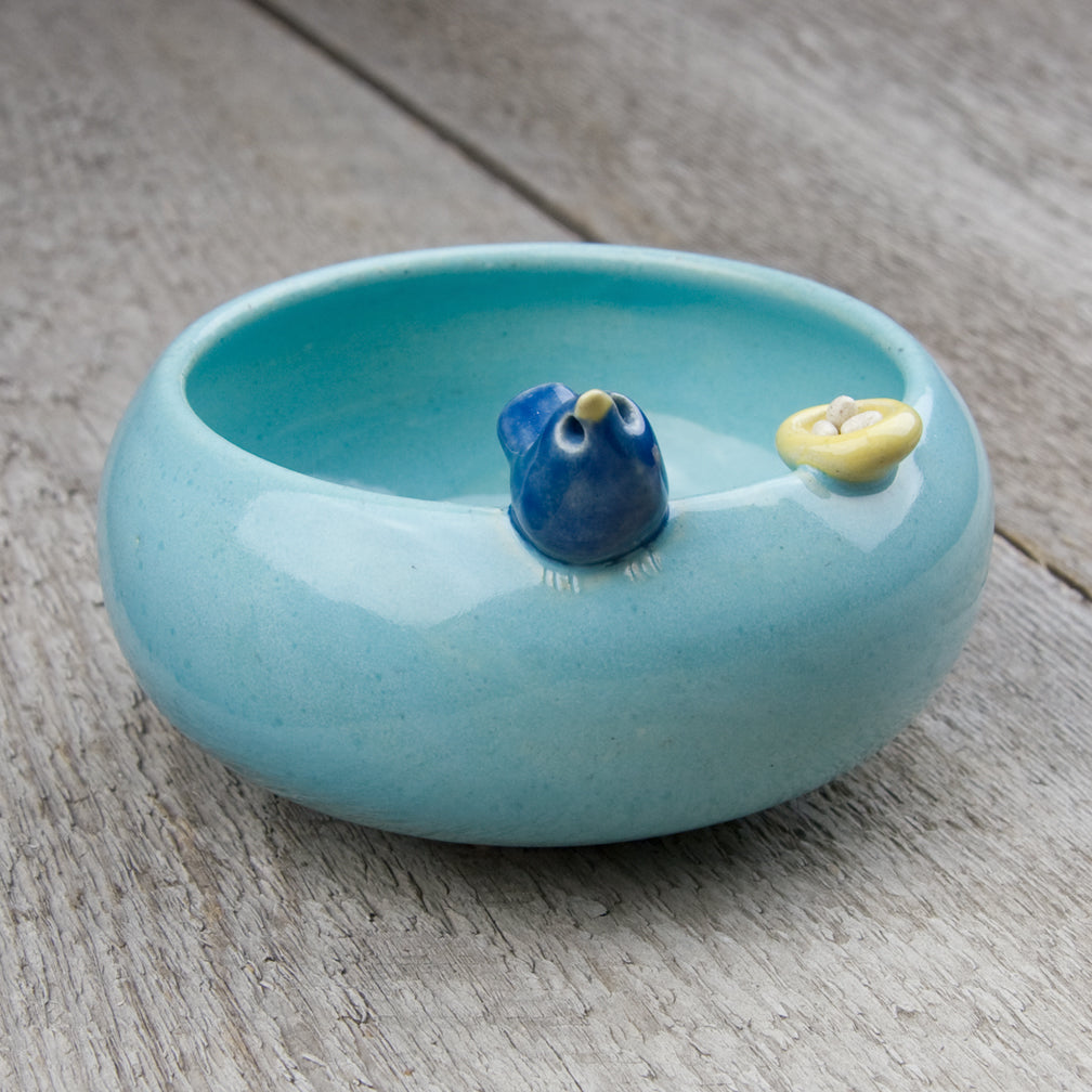 Tasha McKelvey: Small Ceramic Bird Bowl with Nest: Aqua/Cobalt