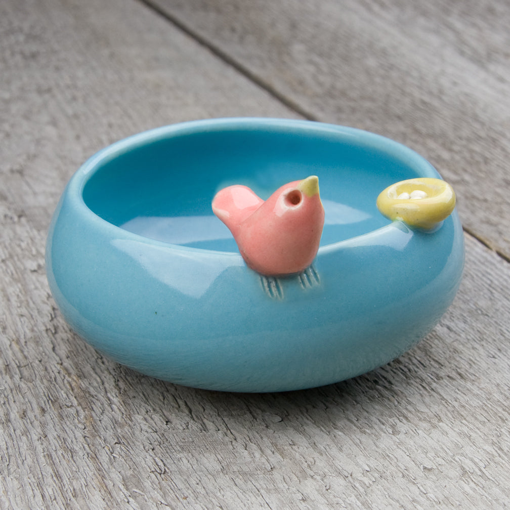 Tasha McKelvey: Small Ceramic Bird Bowl with Nest: Aqua/Pink