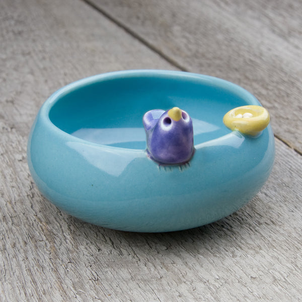 Tasha McKelvey: Small Ceramic Bird Bowl with Nest: Aqua/Purple