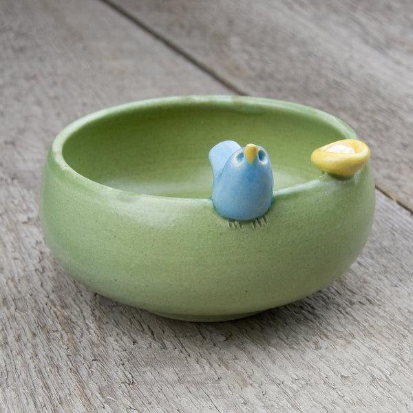 Tasha McKelvey: Small Ceramic Bird Bowl with Nest: Green/Blue