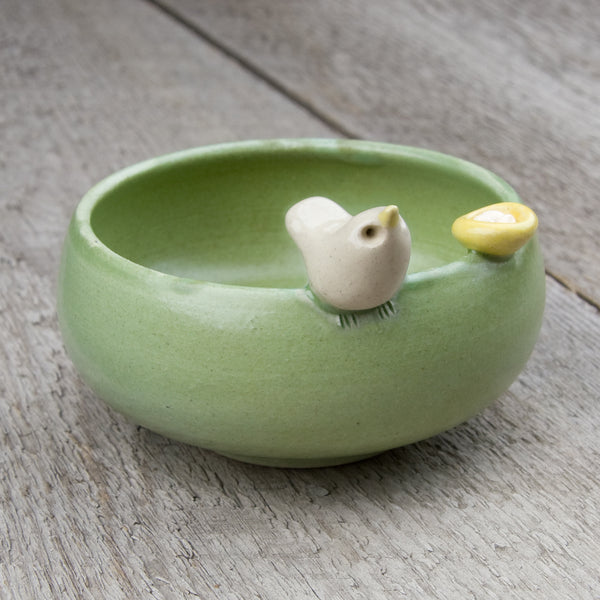 Tasha McKelvey: Small Ceramic Bird Bowl with Nest: Green/White