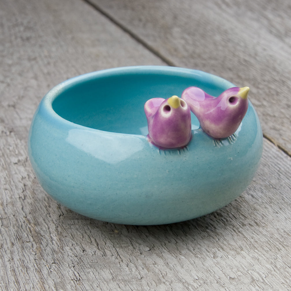 Tasha McKelvey: Small Ceramic Bird Pair Bowl: Aqua/Purple