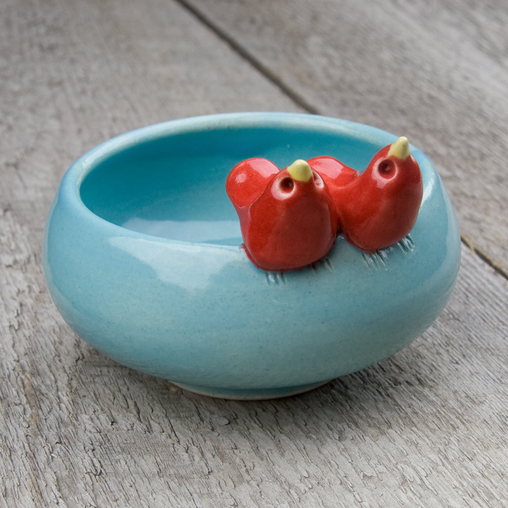 Tasha McKelvey: Small Ceramic Bird Pair Bowl: Aqua/Red