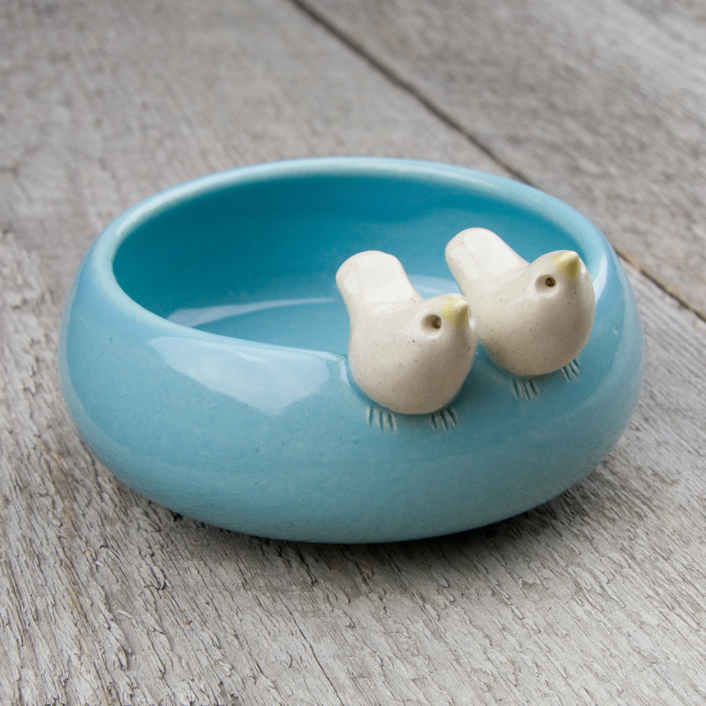 Tasha McKelvey: Small Ceramic Bird Pair Bowl: Aqua/White