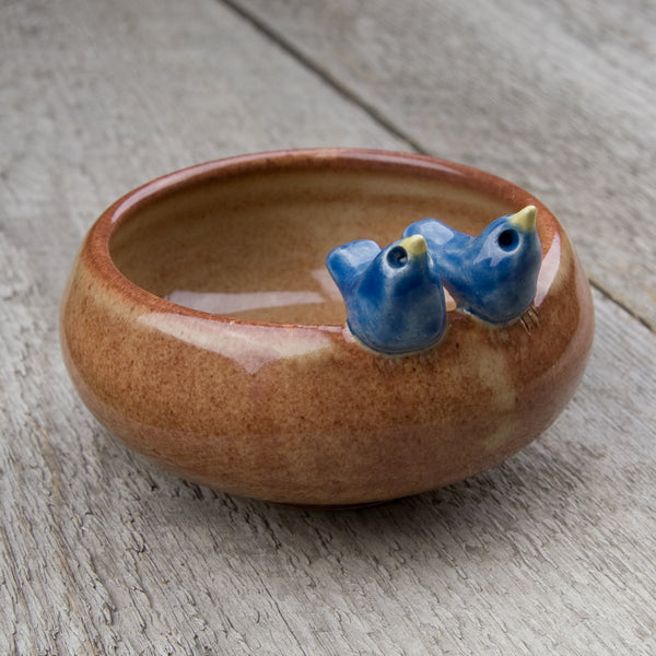 Tasha McKelvey: Small Ceramic Bird Pair Bowl: Brown/Cobalt