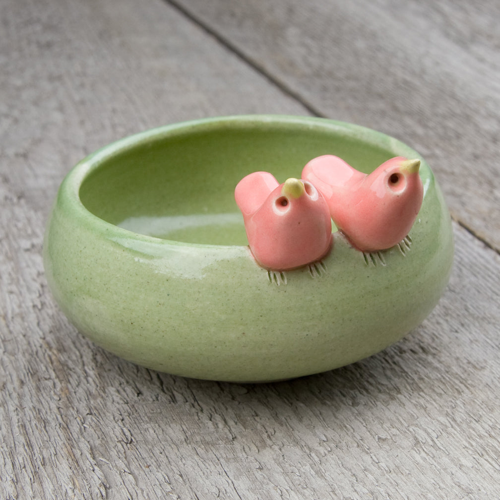 Tasha McKelvey: Small Ceramic Bird Pair Bowl: Green/Pink