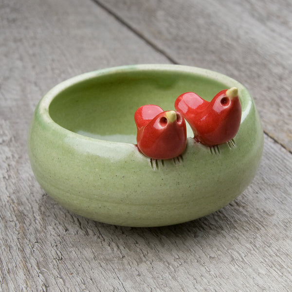 Tasha McKelvey: Small Ceramic Bird Pair Bowl: Green/Red