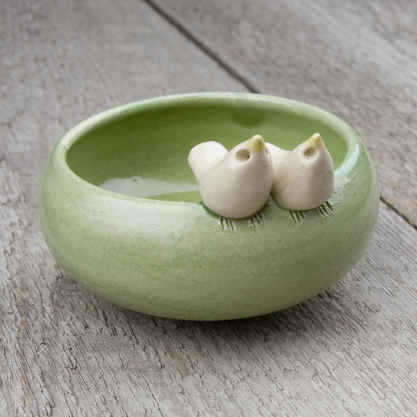 Tasha McKelvey: Small Ceramic Bird Pair Bowl: Green/White