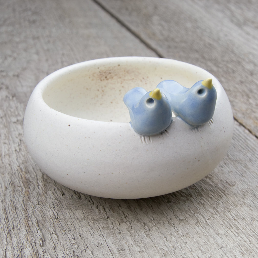 Tasha McKelvey: Small Ceramic Bird Pair Bowl: White/Blue