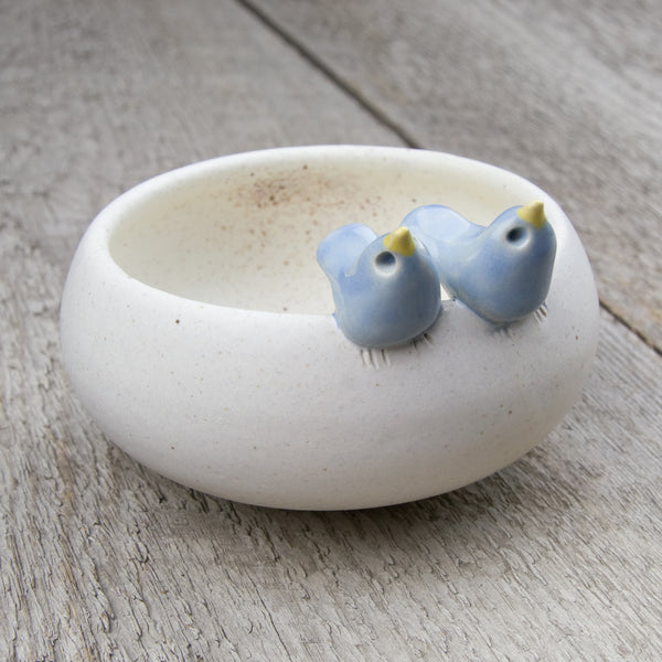 Tasha McKelvey: Small Ceramic Bird Pair Bowl: White/Blue