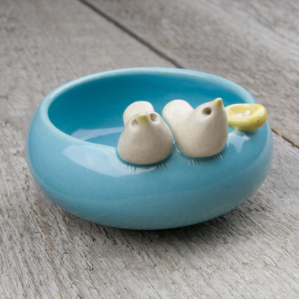 Tasha McKelvey: Small Ceramic Bird Pair with Nest: Aqua/White