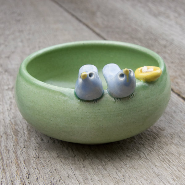 Tasha McKelvey: Small Ceramic Bird Pair with Nest: Green/Blue