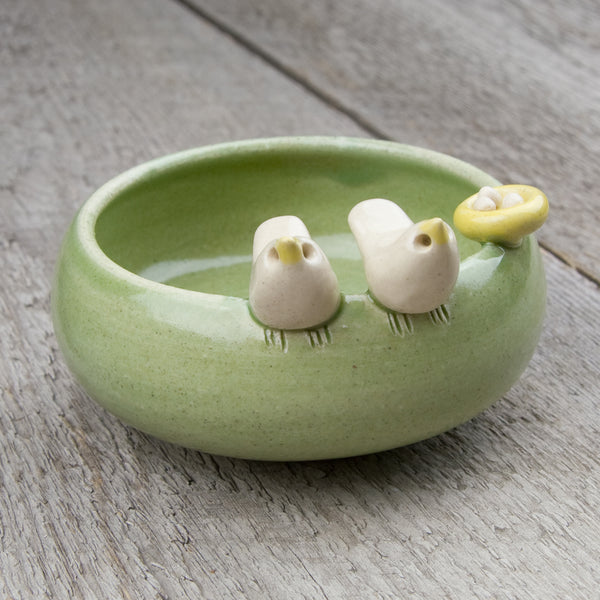 Tasha McKelvey: Small Ceramic Bird Pair with Nest: Green/White