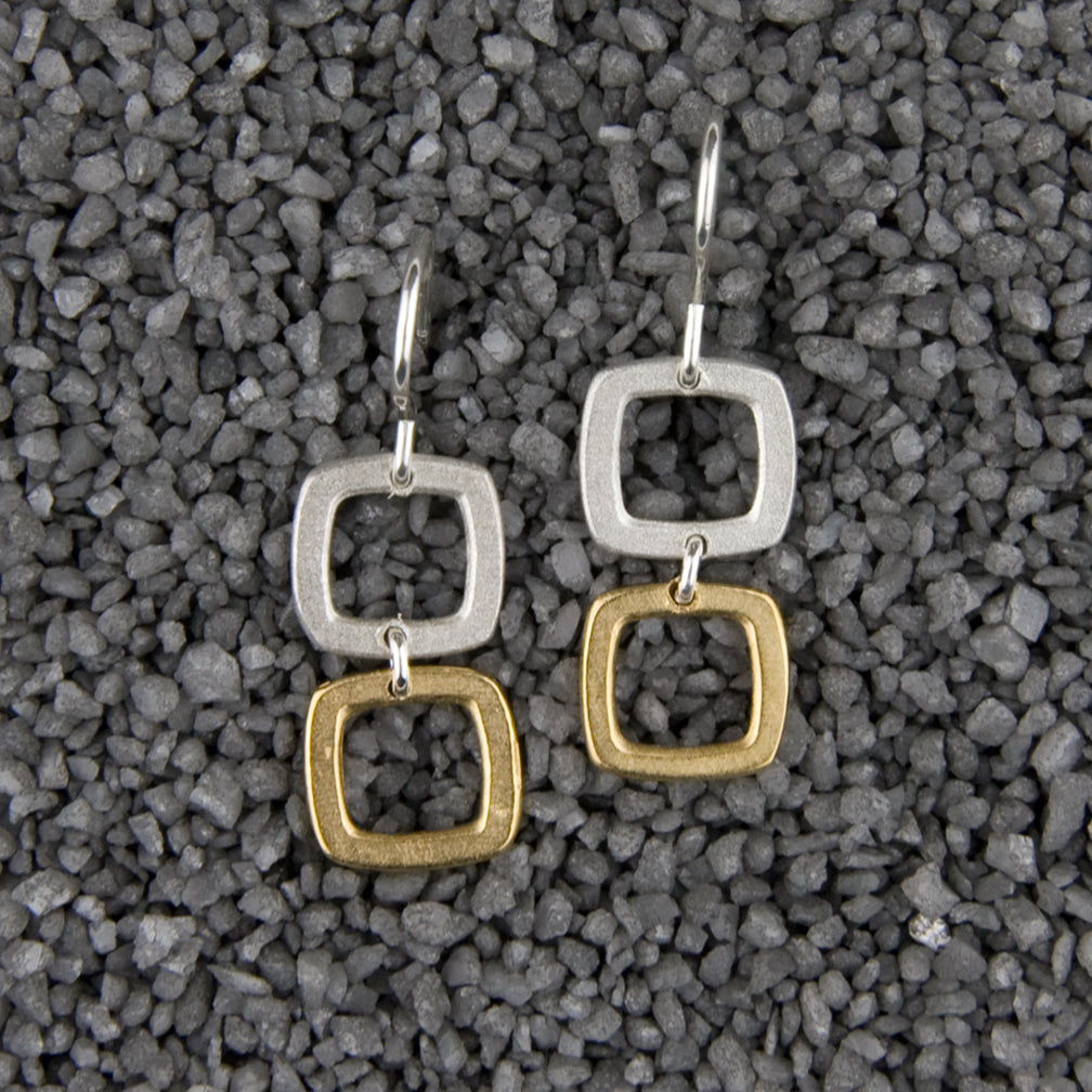 Zina Kao Exclusives Wire Earrings: Baby Geo Double Open Squares, Mostly Silver