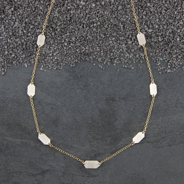 Zina Kao Exclusives Necklace: Seven Linked Small Diamond Points, Silver with Gold Chain